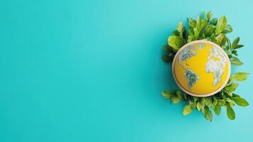 Globe surrounded by green leaves on a turquoise background symbolizing environmental awareness and sustainability. photo
