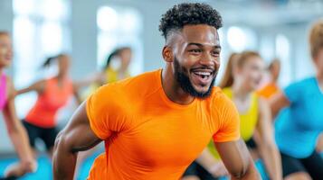 Man leading a vibrant fitness class with a lively group exercising energetically in a gym, showcasing motivation and health. photo
