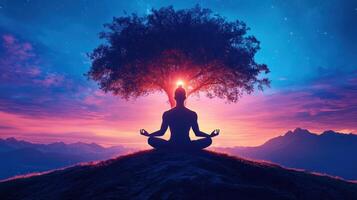 Serene silhouette of person meditating under tree at sunset, blending colors of dusk and dawn in tranquil natural setting. photo