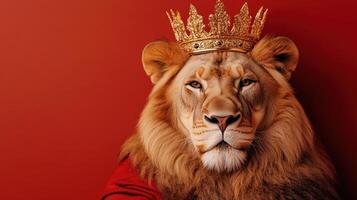 Majestic lion wearing a golden crown, symbolizing royalty and power, isolated against a bold red background. photo