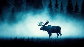 Mystical night scene of a lone moose standing in foggy, moonlit forest, surrounded by silhouette of pine trees under a blue sky. photo