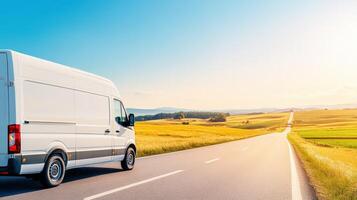 White van driving on a rural highway with scenic countryside views, clear skies, and bright sunlight on a beautiful summer day. photo