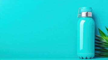 Vibrant blue water bottle on a seamless blue background with green leaves. Minimalist design emphasizing hydration, travel, and eco-friendly lifestyle. photo