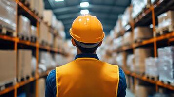 Worker in safety vest and helmet standing in large warehouse with shelves full of boxes. Logistics and inventory management concept. photo