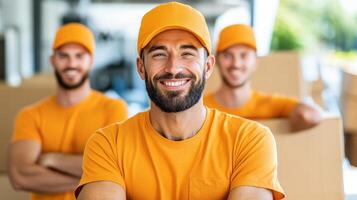 Smiling movers in orange uniforms, ready for action. Teamwork, efficiency, and professionalism in every move. Contact us for your moving needs. photo