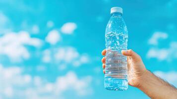 Hand holding a clear plastic water bottle against a bright blue sky with clouds. Perfect for hydration, refreshment, and clean water concepts. photo