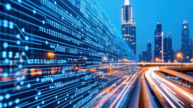 Modern cityscape with skyscrapers and digital data overlay representing high-speed data transfer and technology in a vibrant metropolis. photo