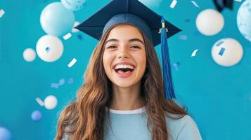 Happy graduate celebrating with joy and confetti in a cheerful atmosphere, wearing cap and gown. photo
