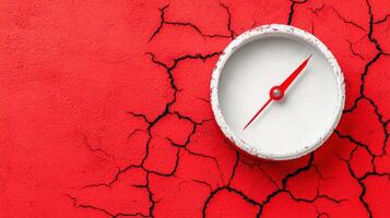 White gauge on cracked red surface symbolizing pressure or environmental stress. Concept of pressure measurement and climate impact. photo