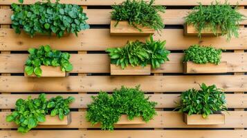 Wooden wall with vertical garden. Various green plants in wooden boxes. Modern, eco-friendly, and decorative home gardening. photo