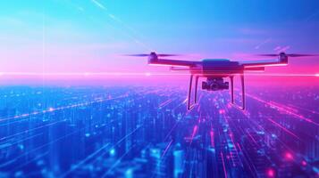 Futuristic drone flying over a digital cityscape with neon lights, showcasing advanced technology and innovation in modern urban environments. photo