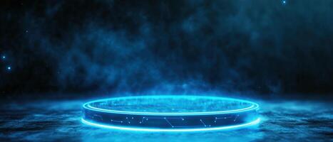 Futuristic glowing blue neon circle with a smoky background, perfect for sci-fi themes, digital designs, or technology presentations. photo