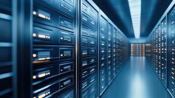 Modern data center with rows of servers. Technology infrastructure for cloud computing and digital network operations. photo