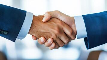 Close-up of two businesspeople shaking hands, symbolizing partnership, agreement, and successful collaboration in a modern office environment. photo