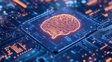 Close-up of a glowing brain-shaped circuit board representing artificial intelligence and advanced technology on a digital blue background. photo