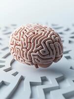Close-up image of a human brain model on a maze background, symbolizing mental complexity and problem-solving concepts. photo