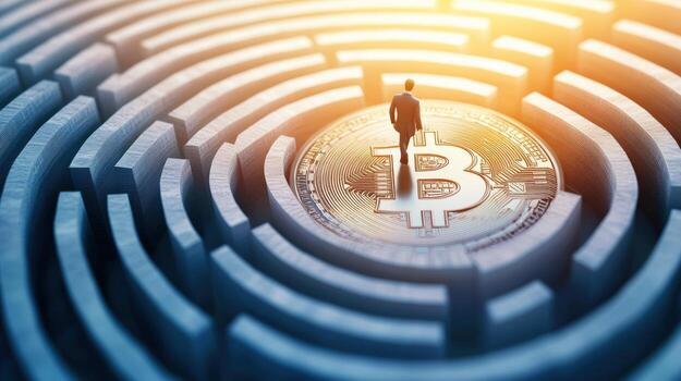 Businessman standing on bitcoin symbol within a maze, symbolizing cryptocurrency challenges and digital currency concept. photo