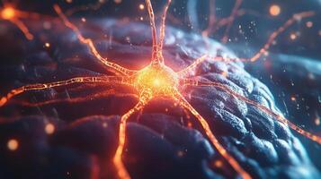 Close-up of a neuron with glowing synapses, depicting neural activity in the brain. Abstract representation in blue and orange tones. photo