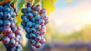 Close-up of ripe purple grapes hanging from a vine with bright green leaves in a sunlit vineyard. Ideal for agriculture and fruit harvest concepts. photo
