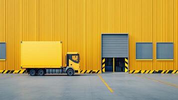 Bright yellow warehouse with a matching delivery truck parked in front, highlighting industrial and logistics themes. photo