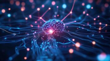 Artificial intelligence concept with a digital brain and neural network connections illuminated in vibrant colors, representing advanced technology. photo