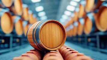 Close-up view of wooden barrels in a row at a winery, showcasing craftsmanship and tradition in wine production. photo