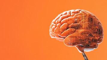 Artificial intelligence brain concept with digital circuits on orange background, symbolizing technology and machine learning integration. photo