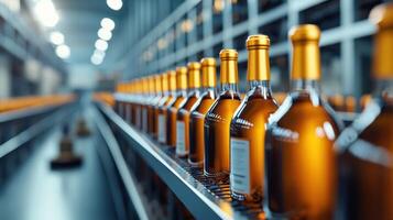 Automated bottling line in a modern brewery with glass bottles filled and capped, showcasing industrial production and precision machinery. photo