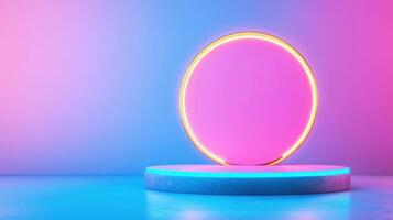 Abstract neon geometric circle on platform with blue and purple gradient background. Modern minimalistic design and futuristic atmosphere. photo