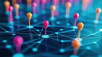 Abstract visual representation of interconnected nodes with colorful pins on a blue background symbolizing a digital network or data flow. photo
