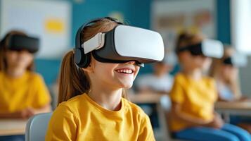 Children in a classroom wearing virtual reality headsets, exploring immersive educational experiences. Smiling and engaged in learning. photo
