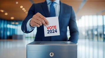 Businessman voting and placing ballot in box at polling station. photo