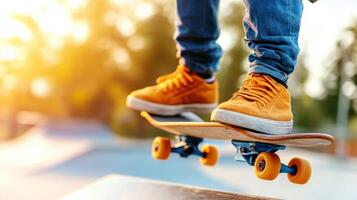 Close-up of a skateboarder's feet performing a trick at a skate park in golden sunlight, showcasing athletic shoes and movement. photo