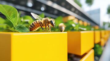 Close-up of bees pollinating plants in urban garden with yellow planters, showcasing sustainable urban agriculture and biodiversity. photo