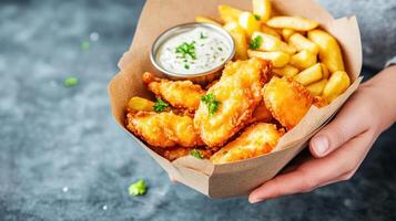 Close-up of golden crispy fish and chips in a paper container, served with tartar sauce, garnished with fresh herbs. Perfect for stock photo use.