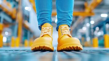 Close-up of yellow work boots worn by a person standing on industrial flooring, emphasizing safety footwear in a manufacturing environment. photo