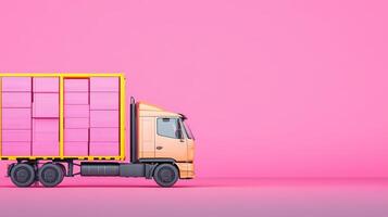 Colorful truck transporting pink packages against a vibrant pink background, representing logistics and transportation. photo