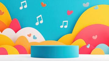 Colorful abstract background with musical notes and heart shapes, featuring a blue platform in the foreground. Ideal for creative designs. photo