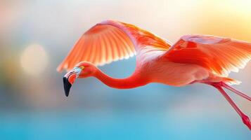 Colorful flamingo in flight with a vibrant background, showcasing its bright pink feathers and elegant wingspan against a blurred backdrop. photo