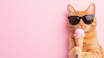 Cool orange cat with sunglasses enjoying a pink ice cream cone on a pastel pink background, embodying summer fun and relaxation. photo