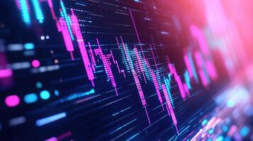 Abstract digital stock market graph chart analysis in neon colors. Financial growth, investment, trading, forex, data visualization concept. photo