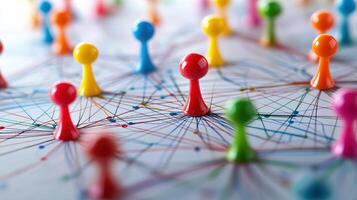 Colorful game pieces connected by lines, illustrating network, teamwork, and connectivity concepts on a white background. photo