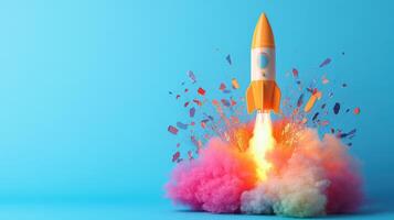 Colorful rocket launch with vibrant smoke and confetti against a blue background, symbolizing creativity, innovation, and celebration. photo