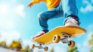 Close-up of skateboarder performing trick mid-air under a clear blue sky, showcasing skill and adrenaline. photo