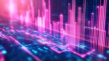Abstract futuristic digital technology background with glowing neon pink and blue lines and data visualization. photo