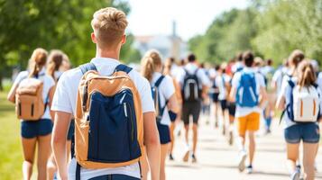 A large group of students with backpacks walking outdoors on a sunny day, engaging in a school outing or field trip. photo