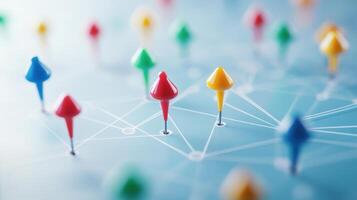 Abstract network with colorful push pins connected by lines, representing communication, connection, and teamwork in a digital world. photo