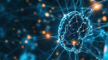 Abstract digital visualization of a human brain interconnected with neural networks. Concept of artificial intelligence and brain technology. photo