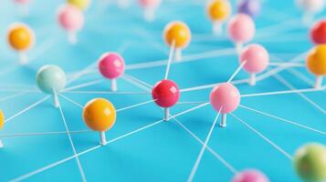 Colorful, interconnected spheres on a blue background representing a network, connection, or communication concept. photo