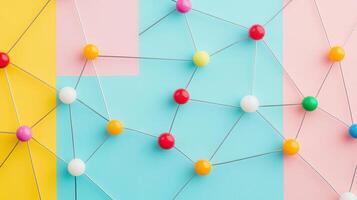 Colorful abstract network background with interconnected spheres on a pastel tri-color backdrop representing communication and connection. photo